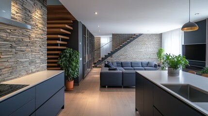 Modern home interior stone walls, open staircase, sleek kitchen, and comfortable living area