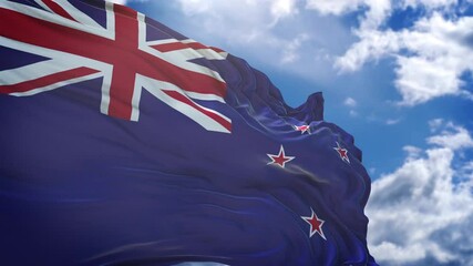flag waving against blue sky. new zealand flag. Close up of New Zealand flag blowing in the wind. New Zealand flag loop - Powered by Adobe