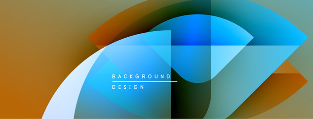Abstract geometric shapes overlap, creating vibrant color gradients. Design features blue, orange, brown hues. Modern background element.