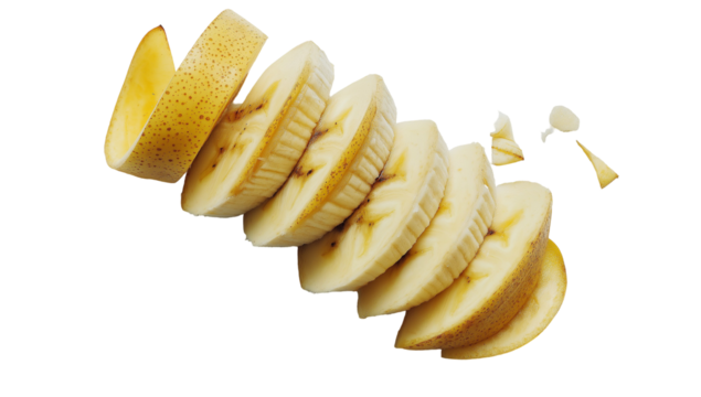 High-resolution image of a banana sliced into even pieces with the peel still partially intact. The fruit is isolated on a transparent background, perfect for food designs, healthy eating concepts, fr