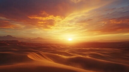 Desert Landscapes at Sunset A golden desert with soft dunes, the sun setting in the background
