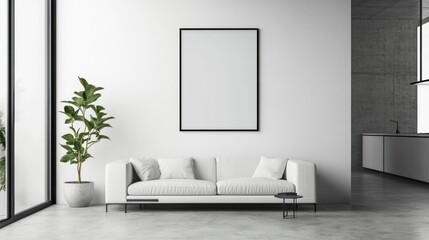 Minimalist living room with white couch and blank frame