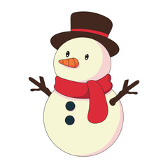 Cute Christmas snowman vector illustration with red scarf and brown hat. Perfect for holiday greeting cards, seasonal decor, winter crafts, festive invitations, kids' art projects, and joyful