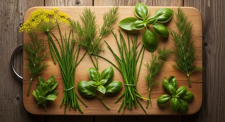 Fresh Herbs and Spices on Wooden Cutting Board: Culinary Photography