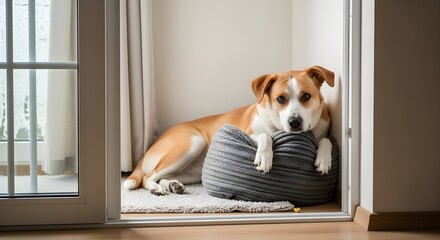 Adorable Brown and White Dog Relaxing on a Cozy Gray Pillow by the Window
