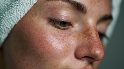 Close-up of young woman with freckles and clean and natural glow skin relaxing after skincare treatment at home