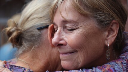 Older women embracing and smiling together in a warm setting