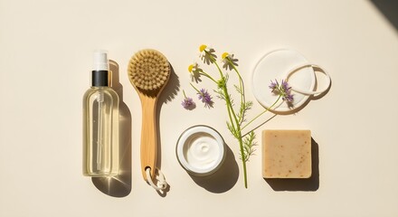 Natural Skincare Routine: Organic Body Brush, Face Cream, Soap, and Toner