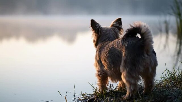 morkie dog - Two small dogs stand side by side on a foggy morning by a serene lake, their silhouettes softly illuminated by the rising sun, creating a tranquil and peaceful atmosphere