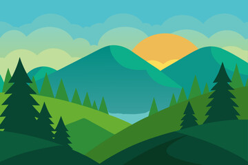 Fototapeta premium Serene Sunrise Mountain Landscape A Picturesque View of Rolling Hills and Evergreen Trees