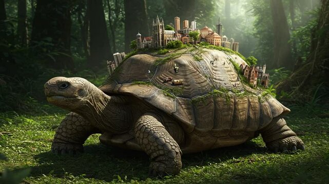 Giant turtle carrying miniature city in lush forest