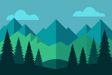 Fototapeta premium Vector illustration of a mountain forest landscape with trees, snow, and a summer sky