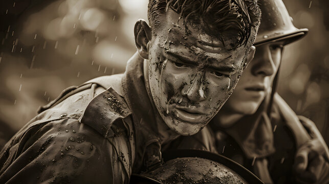 WWII battlefield medic carrying wounded soldier