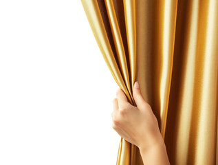 Female hand opening a golden curtain, isolated on transparent background