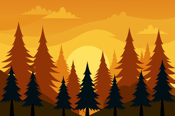Fototapeta premium Autumn forest vector with green pine trees and snow, perfect for a winter holiday celebration illustration