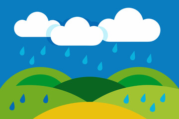 Colorful cartoon landscape with clouds, sun, and rainbow over green hills and field with trees and flowers