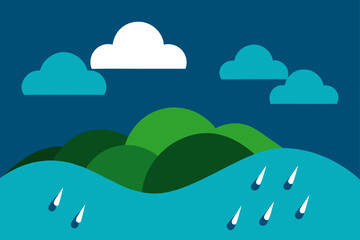 Fototapeta premium A vibrant vector illustration of a cloud computing concept, set against a blue sky with a summer landscape, featuring green fields and distant mountains
