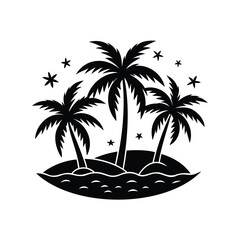 Tropical Island with Palm Trees and Stars in Black and White Style