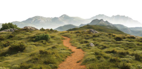 Winding dirt hiking trail leading through green shrubland toward misty mountain peaks, isolated on transparent background