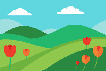 Fototapeta premium Colorful spring and summer meadow landscapes with flowers, green hills, and blue sky with clouds