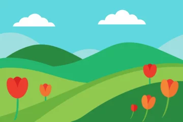 Fototapete Colorful spring and summer meadow landscapes with flowers, green hills, and blue sky with clouds © Nayon