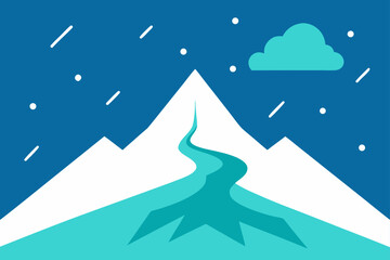 Fototapeta premium A serene blue winter landscape illustration with snowy mountains, festive trees, and a star-filled night sky perfect for a holiday card