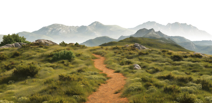 Winding dirt hiking trail leading through green shrubland toward misty mountain peaks, isolated on transparent background