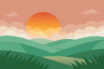 Obraz premium A beautiful scenery of the sunrise with a touch of orange light casting its rays on the green rolling hills 