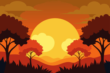 A vibrant sunset landscape featuring silhouette trees and golden sunlight over the horizon