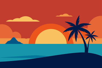 Obraz premium Tropical Sunset Beach Scene with Palm Tree Silhouette