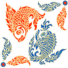 Vector illustration of a Thai pattern, Thai pattern, red and blue fish, Pisces.