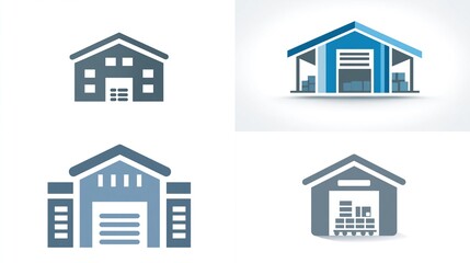 Four different warehouse icon designs showcasing storage capabilities, isolated on white