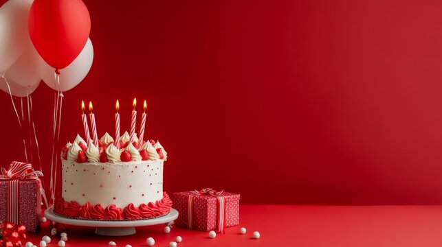 Festive birthday celebration background with colorful balloons, wrapped gift boxes, and frosted cake on vibrant red backdrop for party invitation or greeting card design




