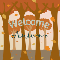 Welcome Autumn greeting seasonal vector Illustration. Windy day, leaves, pink sunset in the park cartoon.