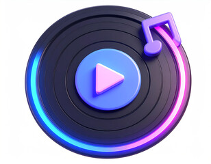 Vibrant record player invites you to press play with music note and radiant neon glow 3D render on