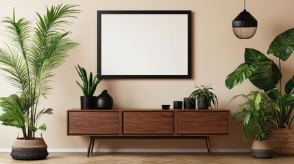 Warm room with tropical plants and a blank picture frame on console table