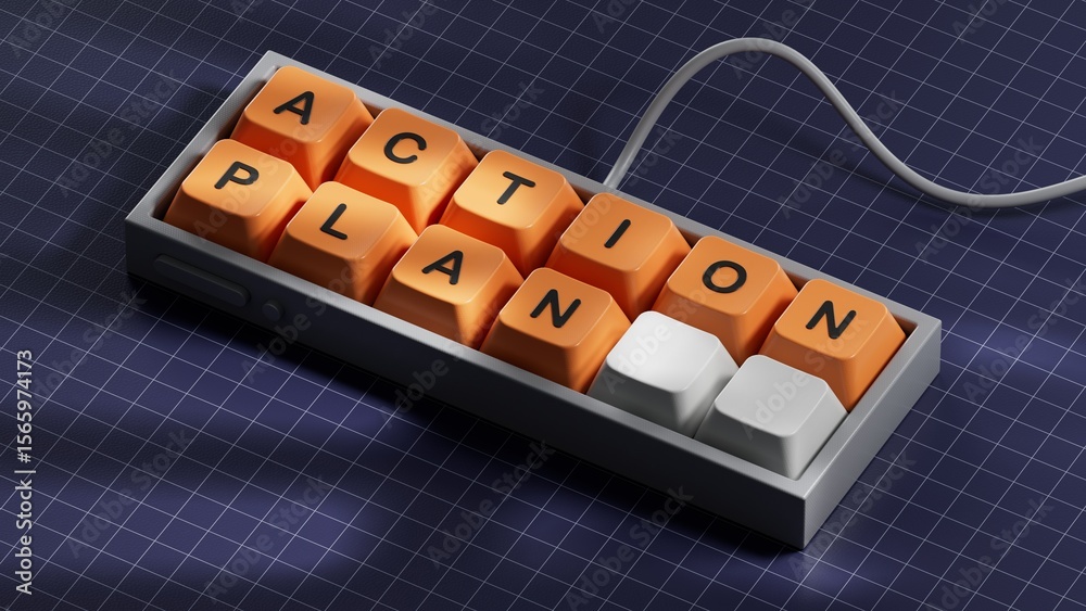 Poster Action plan. Computer keyboard keys spelling.Flat lay view from above on blue background with Computer keyboard keys buttons.IT technology concept.3D rendering on blue background.