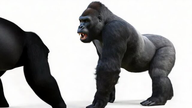 Majestic Gorilla Standing on White Background Showing Muscular Build and Intense Stare Captivating Wildlife Animal Potrait