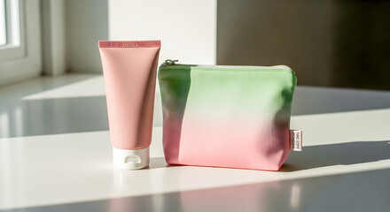 Skincare still life presents a pink cosmetic tube and a makeup bag near a bright window for a beauty products concept.