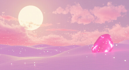 Naklejka premium Dreamscape Gem: A serene landscape, dominated by pastel hues and a mystical gem, creates an ethereal atmosphere and invites viewers into a world of imaginative wonder.