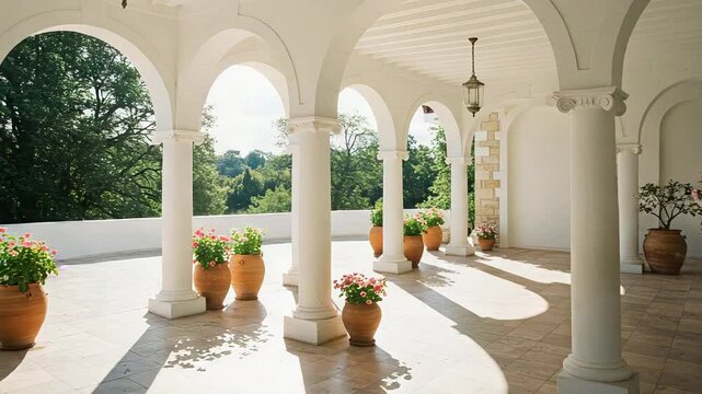 Mediterranean Style Veranda with White Arches Columns and Terra Cotta Pots with Geraniums on a Bright Sunny Day