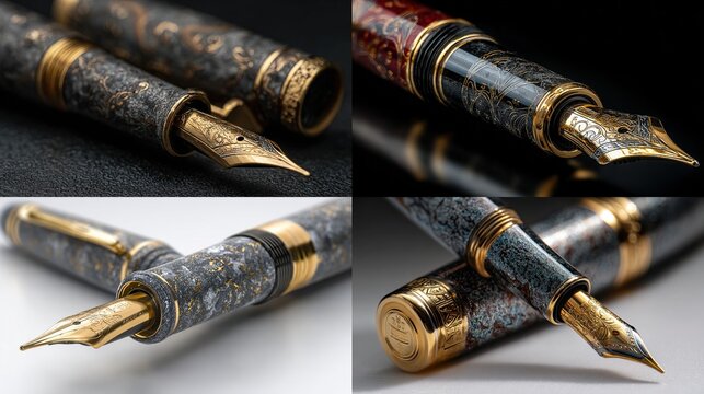 Artistic fountain pens in various finishes, gold trim, nibs - Powered by Adobe