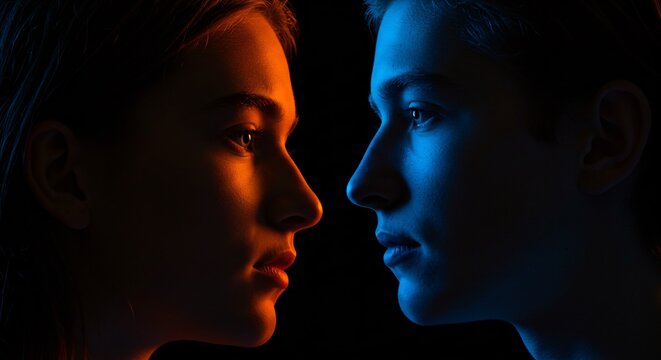 Two human profiles are illuminated by contrasting blue and orange light, facing each other against a dark background.