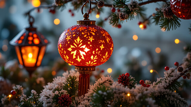 A red lantern with snowflakes on it hangs from a tree