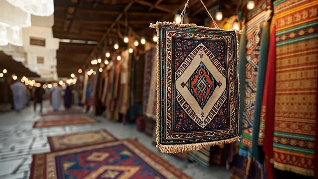 Close-up of a hanging rug with intricate patterns, with rows of rugs lining a market space in soft focus. Warm lighting from overhead bulbs creates an inviting, artisan atmosphere and bazaar market