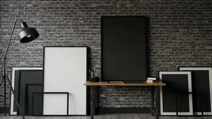 Minimalist Interior Setup Featuring Wooden Desk With Black and White Frames Against Textured Brick Wall With black lamp - Powered by Adobe
