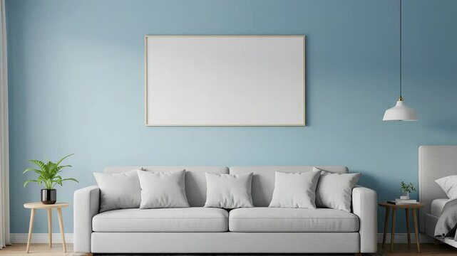 Minimalist Light Blue Living Room with Gray Sofa White Pillows and a Framed Blank Poster Interior Decor Optimized for Adobe Stock