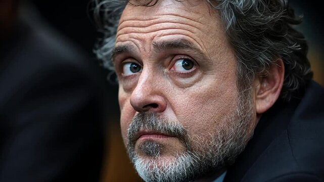 Portrait of middle-aged man with graying hair and beard, wearing a dark suit against a dark background, looking towards the camera with neutral expression. The lighting is soft, emphasizing texture