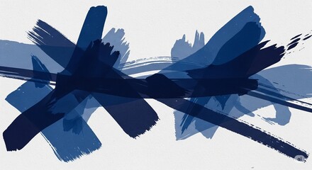Abstract Indigo and Blue Brush Strokes on Textured White Background - Modern Art Expression.