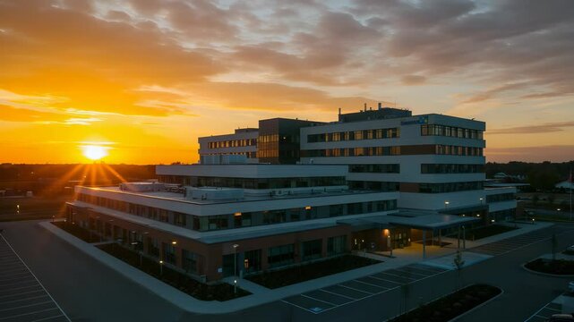 Modern Hospital Building at Colorful Sunset with White and Brick Facade Illuminated Walkways and Dramatic Sky
